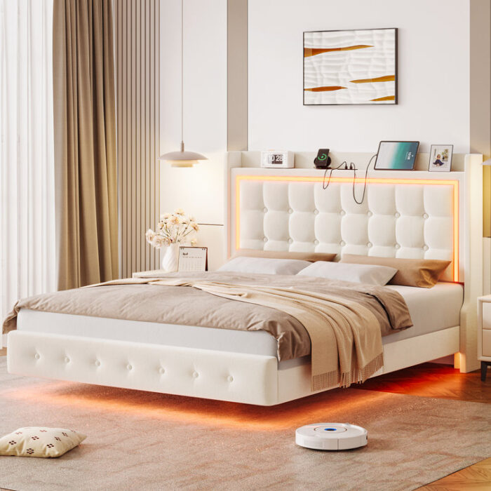 Upholstered Platform Bed with LED Lights, Charging Port, Floating Bed - Chic Decora