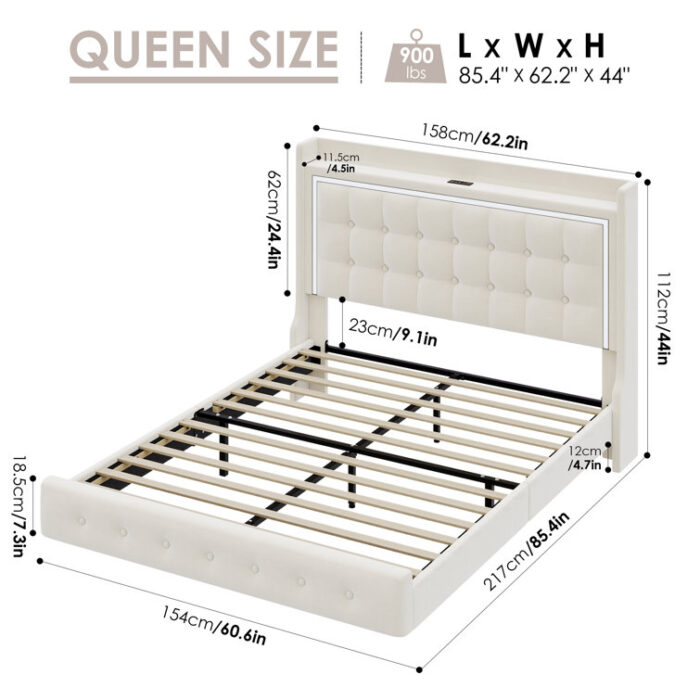 Upholstered Platform Bed with LED Lights, Charging Port, Floating Bed - Chic Decora