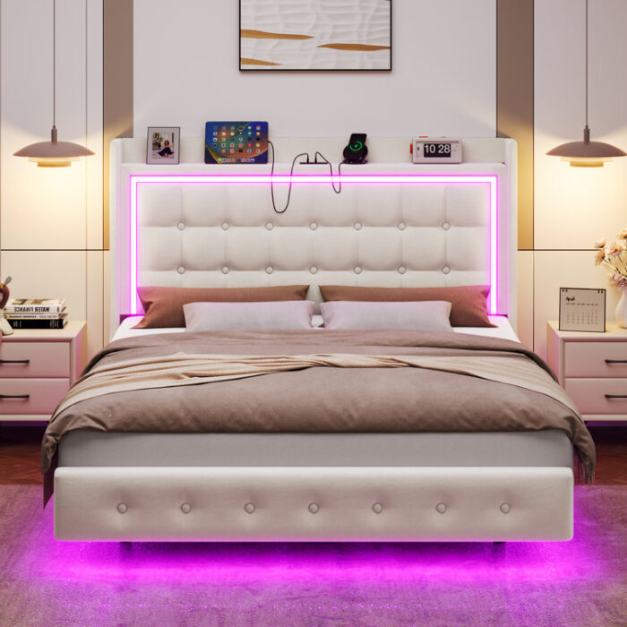 Upholstered Platform Bed with LED Lights, Charging Port, Floating Bed - Chic Decora