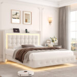 Upholstered Platform Bed with LED Lights, Charging Port, Floating Bed - Chic Decora