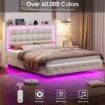 Upholstered Platform Bed with LED Lights, Charging Port, Floating Bed - Chic Decora