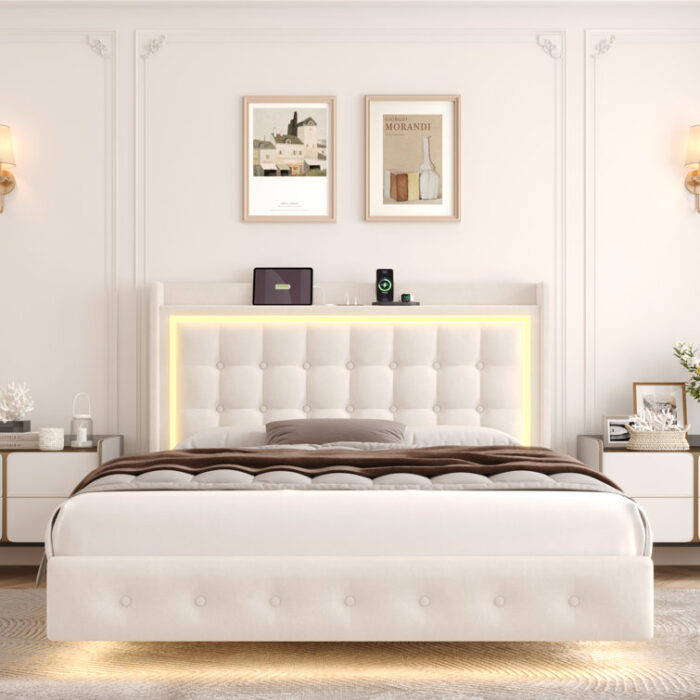 Upholstered Platform Bed with LED Lights, Charging Port, Floating Bed - Chic Decora