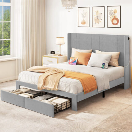 Upholstered Queen Storage Bed with Built-in USB Port - Chic Decora