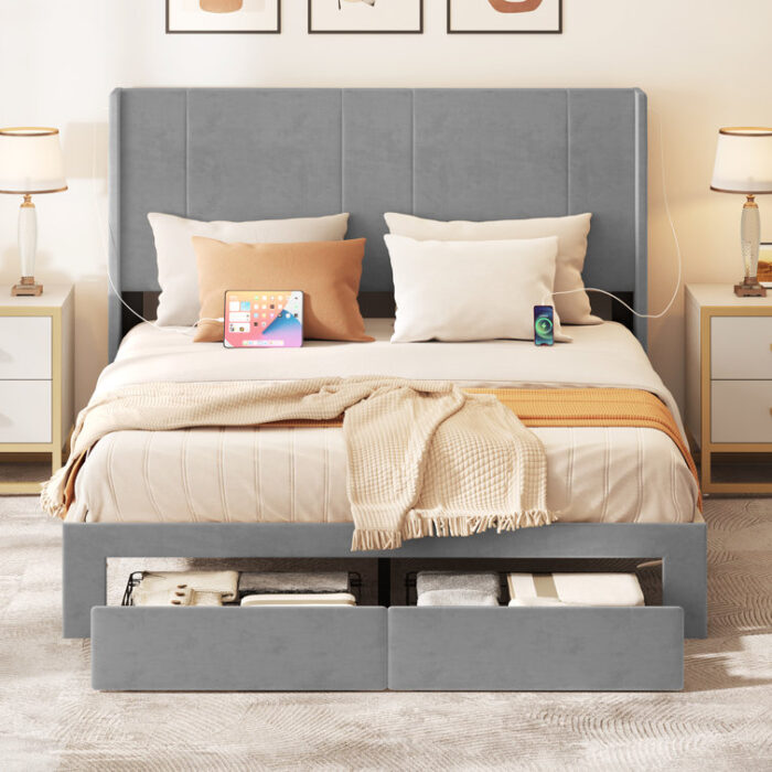 Upholstered Queen Storage Bed with Built-in USB Port - Chic Decora