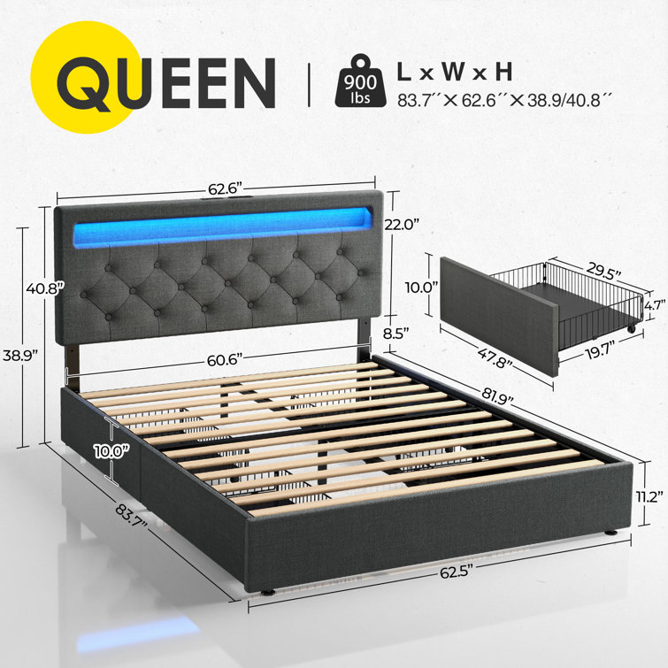 Upholstered Storage Bed with Adjustable Headboard, LED Lights and USB Power Strips - Chic Decora