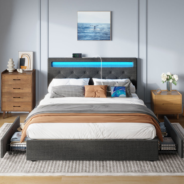 Upholstered Storage Bed with Adjustable Headboard, LED Lights and USB Power Strips - Chic Decora