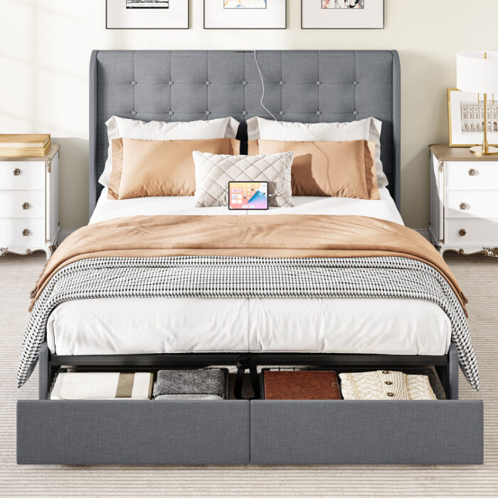 Upholstered Wingback Lift Up Platform Bed with Built-in Outlets - Chic Decora