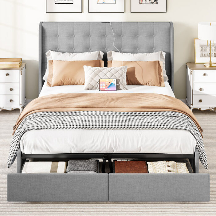 Upholstered Wingback Lift Up Platform Bed with Built-in Outlets - Chic Decora