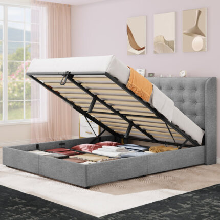 Upholstered Wingback Lift Up Platform Bed with Built-in Outlets - Chic Decora