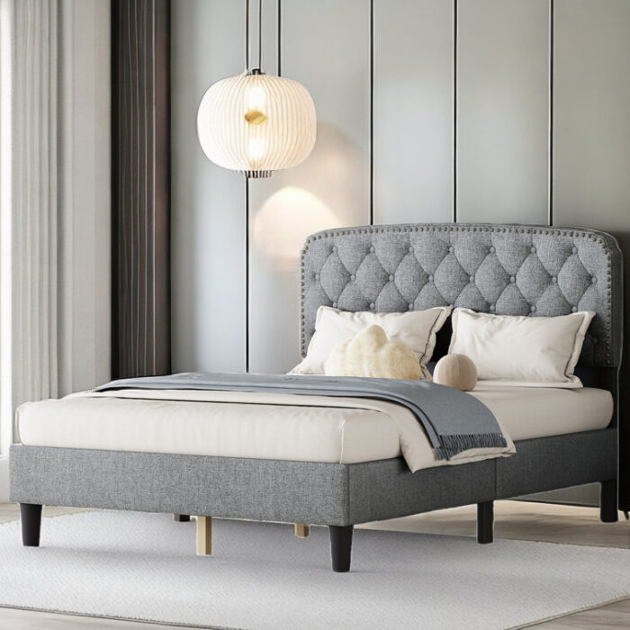 Vay Upholstered Platform Bed with Button Tufted Headboard - Chic Decora