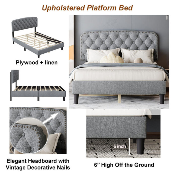 Vay Upholstered Platform Bed with Button Tufted Headboard - Chic Decora