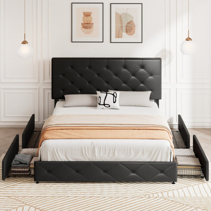 Vegan Leather Metal Platform Storage Bed - Chic Decora