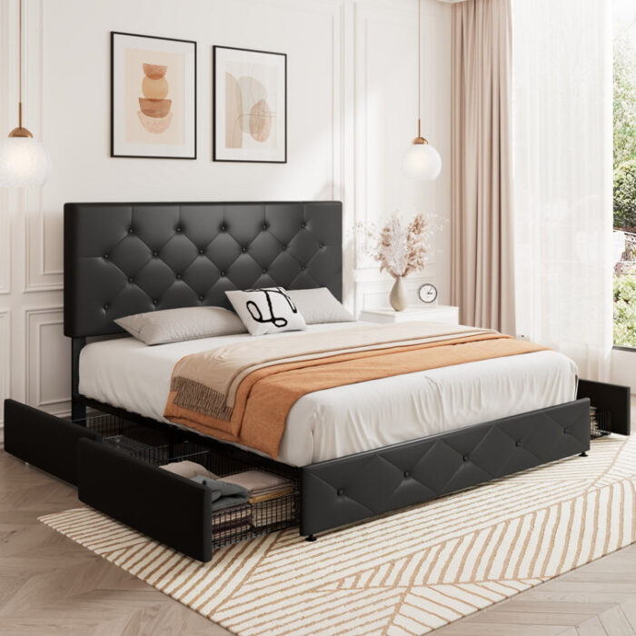 Vegan Leather Metal Platform Storage Bed - Chic Decora