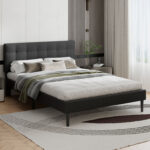 Velvet Tufted Upholstered Low Profile Platform Bed Frame With Wingback Headboard and Wooden Slats - Chic Decora