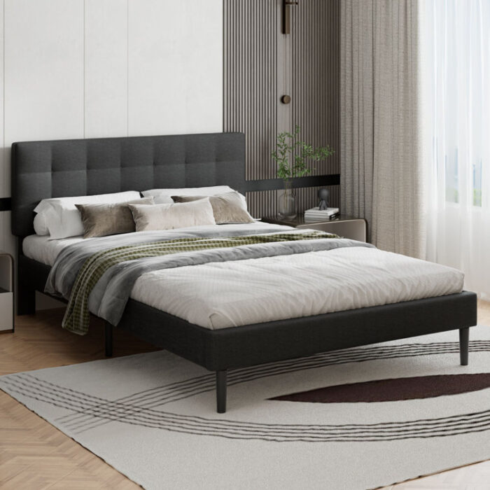 Velvet Tufted Upholstered Low Profile Platform Bed Frame With Wingback Headboard and Wooden Slats - Chic Decora