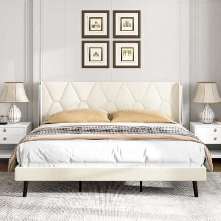 Velvet Upholstered Platform Bed, Wingback Headboard - Chic Decora