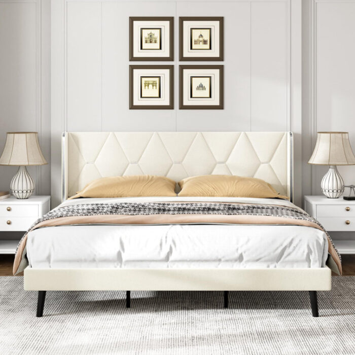 Velvet Upholstered Platform Bed, Wingback Headboard - Chic Decora