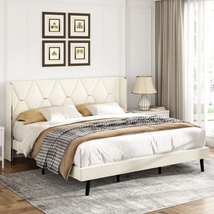 Velvet Upholstered Platform Bed, Wingback Headboard - Chic Decora