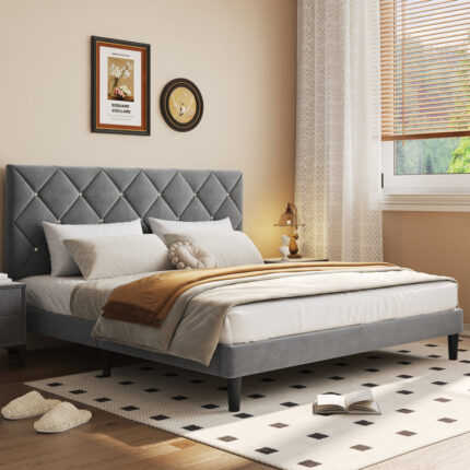 Velvet Upholstered Platform With Headboard & Wood Slats, Non-Slip, Noise-free, No Box Spring Needed - Chic Decora