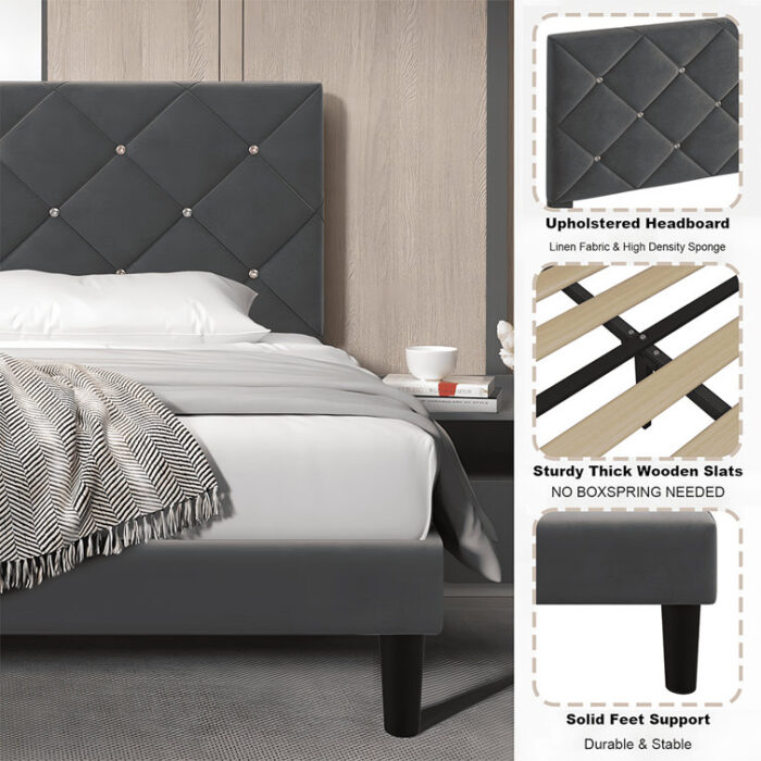 Velvet Upholstered Platform With Headboard & Wood Slats, Non-Slip, Noise-free, No Box Spring Needed - Chic Decora