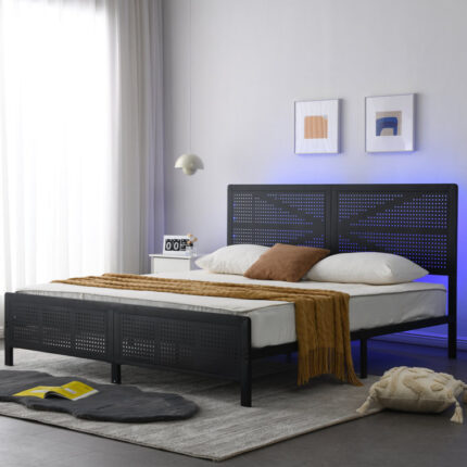 Vergilia Industrial Style Metal Platform Bed Frame with RGB LED Lights - Chic Decora