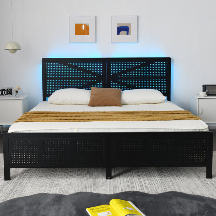 Vergilia Industrial Style Metal Platform Bed Frame with RGB LED Lights - Chic Decora