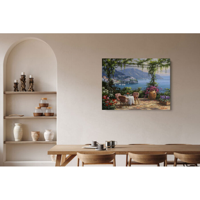 Villa Carlotta Terrace’ by Sung Kim, Colorful Ocean View, Amalfi Coast Italy, Fine Art Canvas Print - Chic Decora