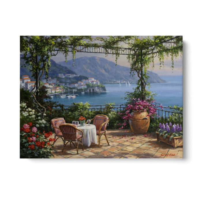 Villa Carlotta Terrace’ by Sung Kim, Colorful Ocean View, Amalfi Coast Italy, Fine Art Canvas Print - Chic Decora