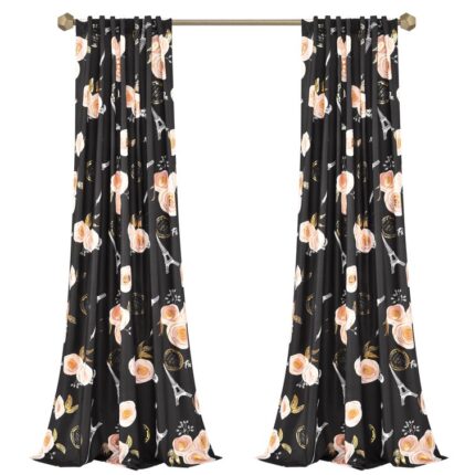 Vintage Paris Rose Butterfly Script Polyester Semi Sheer Curtain Pair (Set of 2) - Chic Decora