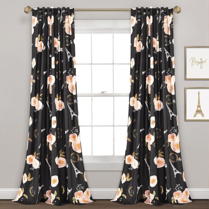 Vintage Paris Rose Butterfly Script Polyester Semi Sheer Curtain Pair (Set of 2) - Chic Decora