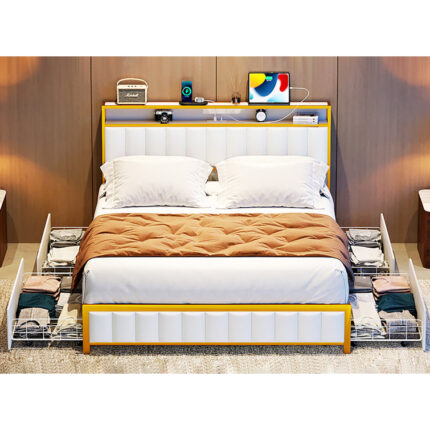 Vonzel Metal Queen Bed Frame with 4 Large Drawers, Storage Headboard, Power Outlets & USB Ports - Chic Decora