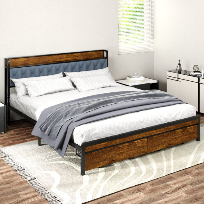 Watter Velvet Upholstered Metal Platform Bed Frame with 2 Storage Drawers and LED Lights Headboard - Chic Decora