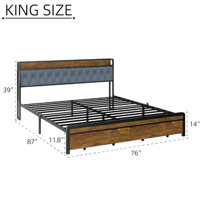 Watter Velvet Upholstered Metal Platform Bed Frame with 2 Storage Drawers and LED Lights Headboard - Chic Decora