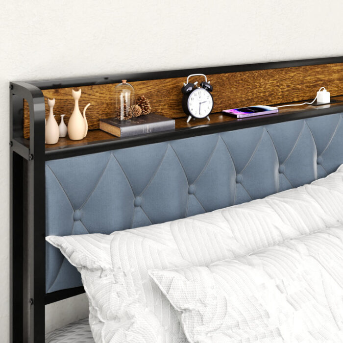 Watter Velvet Upholstered Metal Platform Bed Frame with 2 Storage Drawers and LED Lights Headboard - Chic Decora