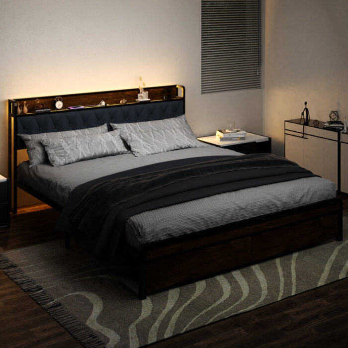 Watter Velvet Upholstered Metal Platform Bed Frame with 2 Storage Drawers and LED Lights Headboard - Chic Decora