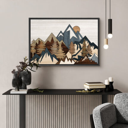 Western Wood Effect Landscape 3D Illusion Mountain Rustic Pictures Framed Canvas Print Wall Art - Chic Decora