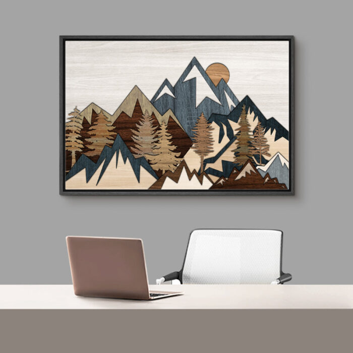 Western Wood Effect Landscape 3D Illusion Mountain Rustic Pictures Framed Canvas Print Wall Art - Chic Decora