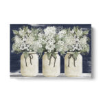 White Flower Trio by Cindy Jacobs, White on Blue Botanical Bouquet, Modern Farmhouse Country Jars with Flowers Wall Art - Chic Decora