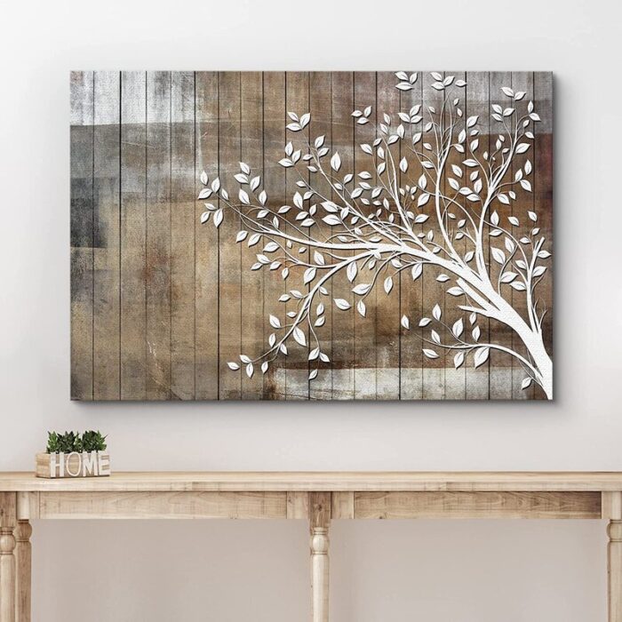 White Tree Branch With Leaves On Wood Effect Background Large Pictures Framed Canvas Print Wall Art - Chic Decora