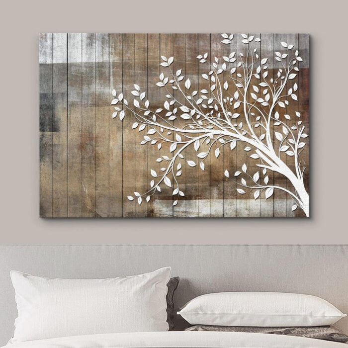 White Tree Branch With Leaves On Wood Effect Background Large Pictures Framed Canvas Print Wall Art - Chic Decora