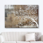 White Tree Branch With Leaves On Wood Effect Background Large Pictures Framed Canvas Print Wall Art - Chic Decora