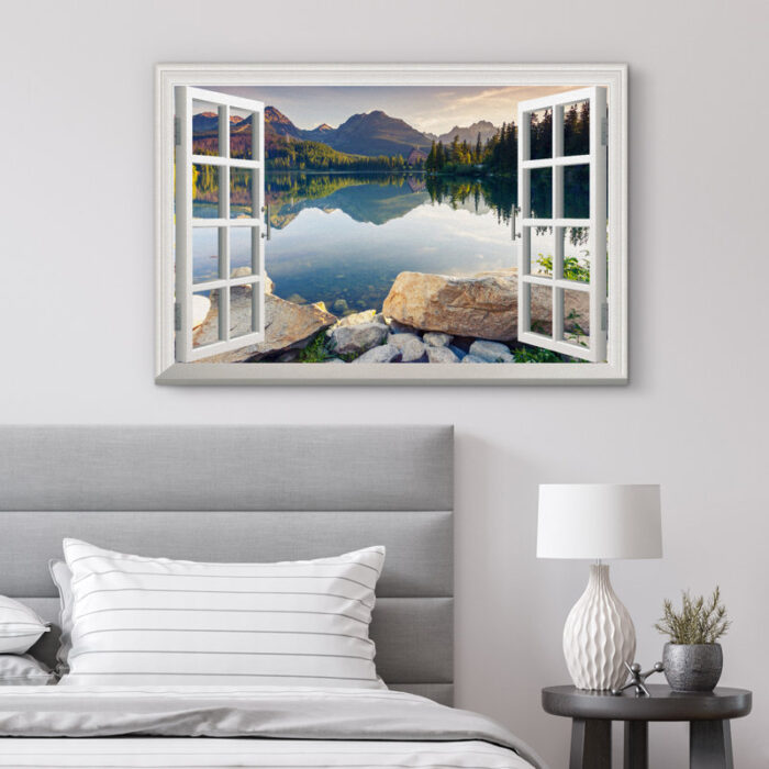 Window Scenery Green Peaceful Lake Natural Landscape Photography Pictures Canvas Print Wall Art - Chic Decora