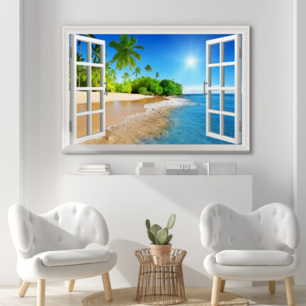 Window Scenery Sunny Blue Sky Tropical Beach Coastal Palm Trees On Canvas Photograph Print Wall Art - Chic Decora