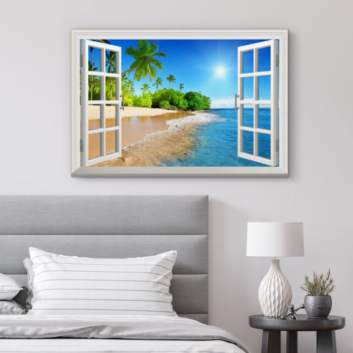 Window Scenery Sunny Blue Sky Tropical Beach Coastal Palm Trees On Canvas Photograph Print Wall Art - Chic Decora