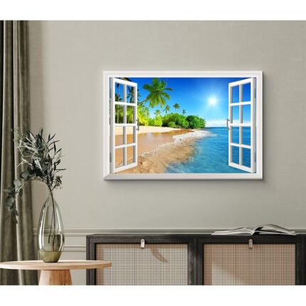 Window Scenery Sunny Blue Sky Tropical Beach Coastal Palm Trees On Canvas Photograph Print Wall Art - Chic Decora