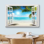 Window Scenery Tropical Green Palm Tree Coastal Beach Blue Ocean Photography Canvas Print Wall Art - Chic Decora