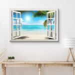 Window Scenery Tropical Green Palm Tree Coastal Beach Blue Ocean Photography Canvas Print Wall Art - Chic Decora