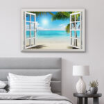 Window Scenery Tropical Green Palm Tree Coastal Beach Blue Ocean Photography Canvas Print Wall Art - Chic Decora