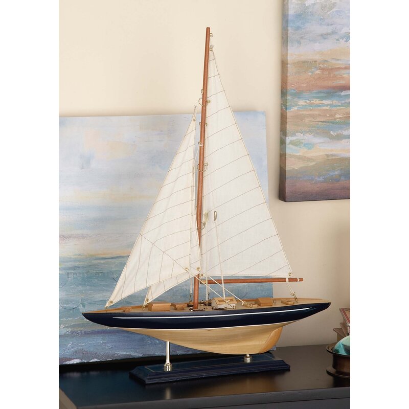 Wood Sail Boat Decorative Sculpture with Beige and Navy Accents and Lifelike Rigging - Chic Decora