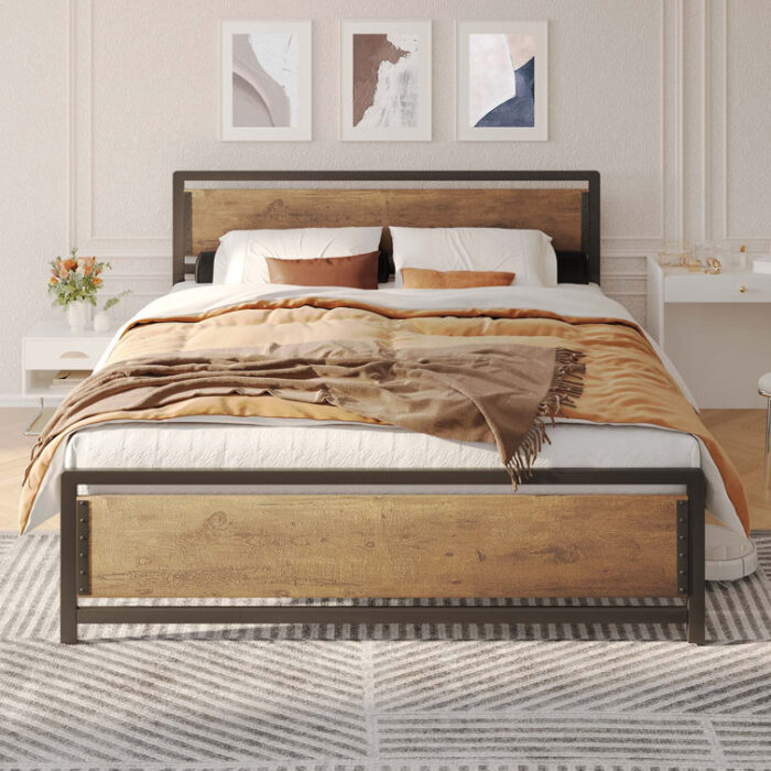 Wood and Black Metal Frame Platform Bed with Headboard no Upholstered Storage - Chic Decora